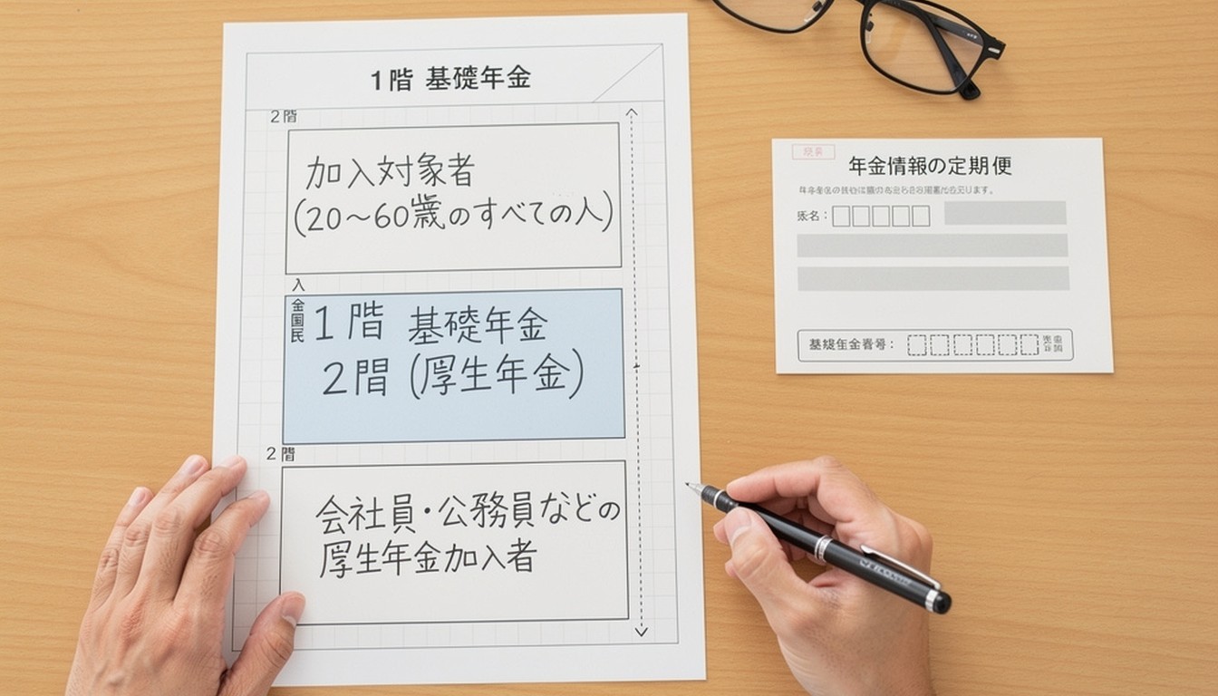 日本の公的年金制度の仕組み（2階建て構造）と将来の年金見込額の調べ方